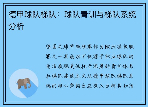 德甲球队梯队：球队青训与梯队系统分析