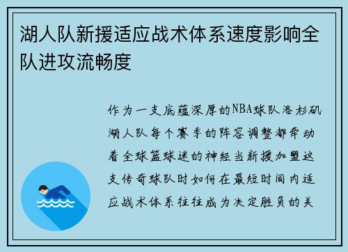 湖人队新援适应战术体系速度影响全队进攻流畅度